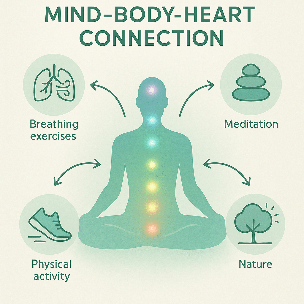 Infographic showing mind body heart connection for stress management techniques