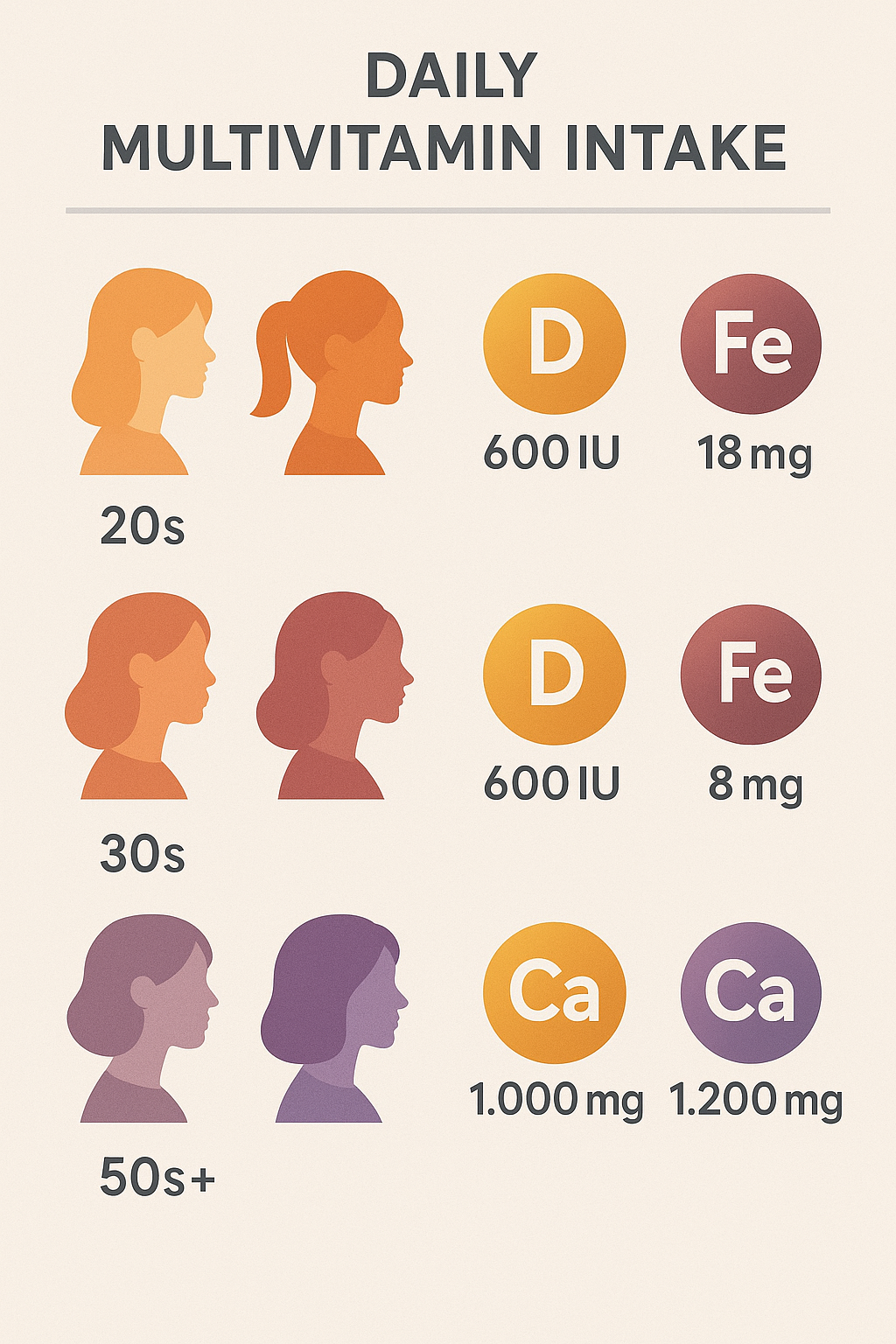 7 Best Multivitamins for Women to Boost Health & Energy 6 Infographic showing recommended daily multivitamin intake by age for best multivitamins for women