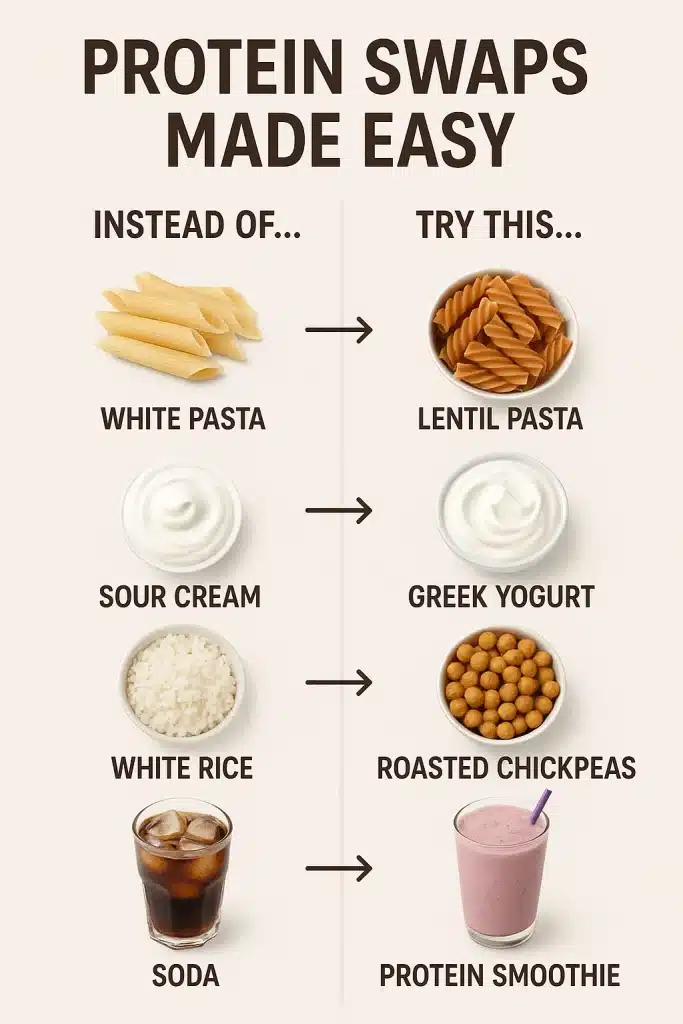 10 High Protein Healthy Meals Women Swear By 6 Infographic showing simple protein swaps to create high protein healthy meals for women