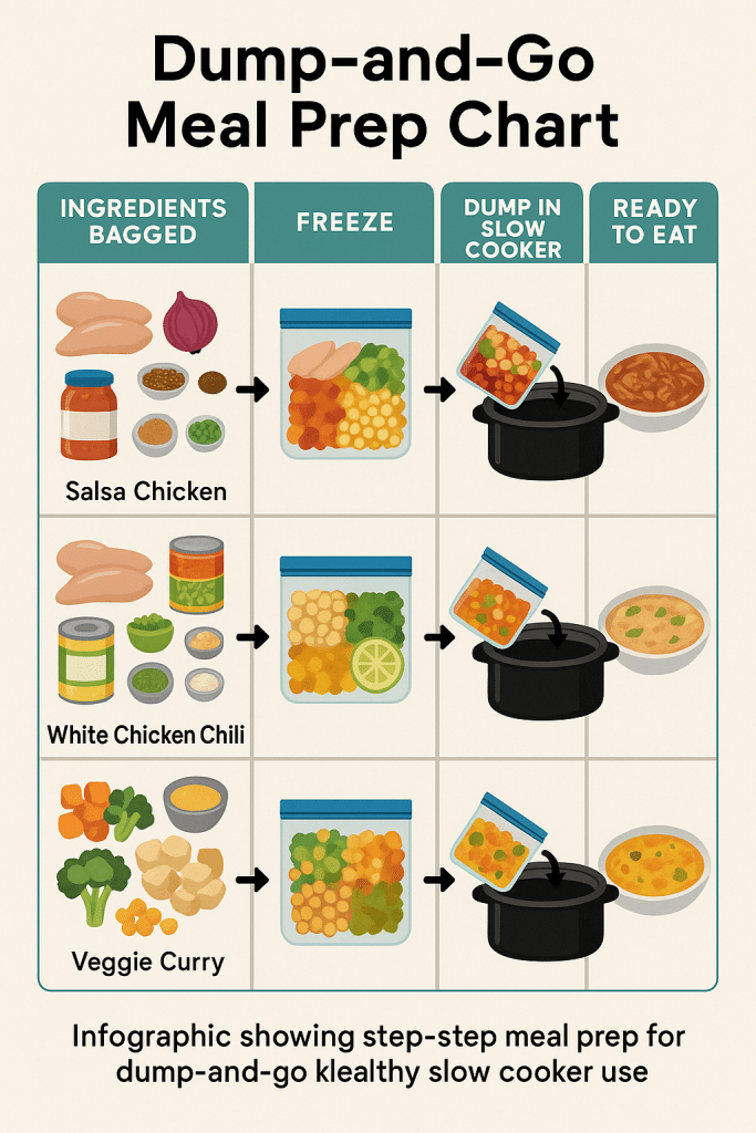 15 Healthy Slow Cooker Recipes Women Will Love 5 Infographic showing step by step meal prep for dump and go healthy slow cooker recipes with freezer bags and cooking instruction