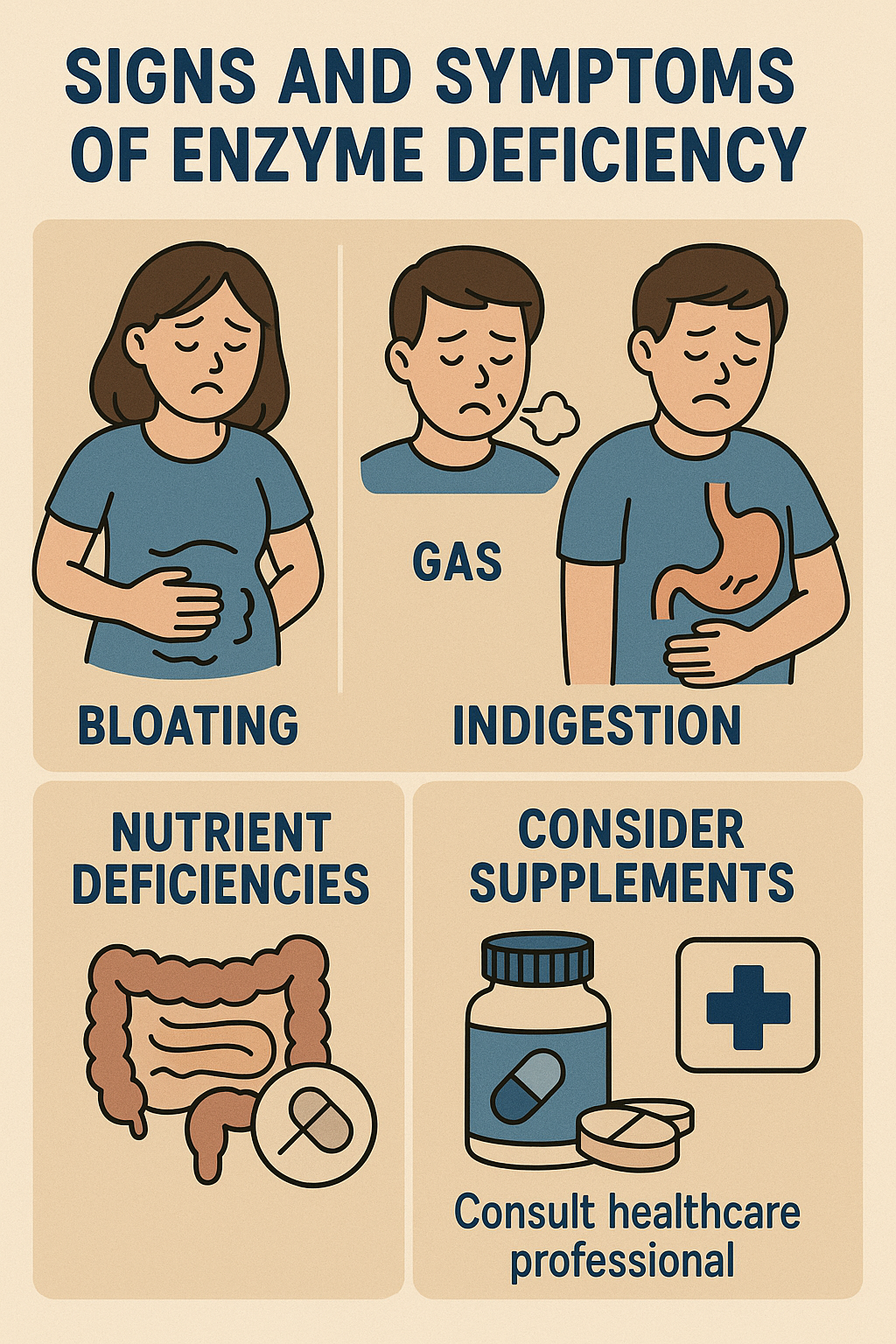 Top 6 Best Digestive Enzymes Supplements for Optimal Gut Health 6 Infographic showing symptoms of enzyme deficiency and when to take best digestive enzymes supplement
