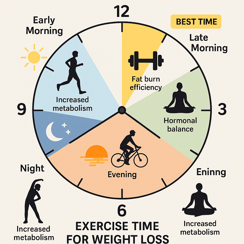 10 Proven Best Times to Exercise for Weight Loss Backed by Science 3 Infographic showing the best time to exercise for weight loss throughout the day with benefits