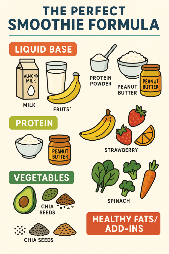15 Best Healthy Smoothie Recipes Women Will Love 3 Infographic showing the essential formula for healthy smoothie recipes including liquid base protein fruits vegetables and healthy fats
