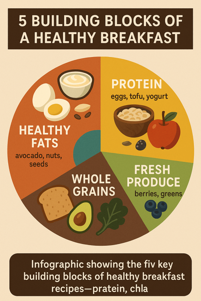 25 Healthy Breakfast Recipes Women Love for Energy & Balance 3 Infographic showing the five key building blocks of healthy breakfast recipes—protein fiber healthy fats whole grains and fresh produce