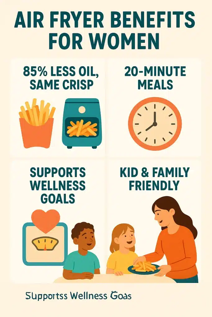 15 Best Healthy Air Fryer Recipes Women Love for Quick & Guilt-Free Meals 3 Infographic showing the health and lifestyle benefits of healthy air fryer recipes for women