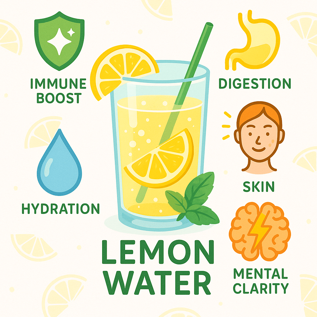 Infographic showing the main benefits of drinking lemon water for health conscious adults