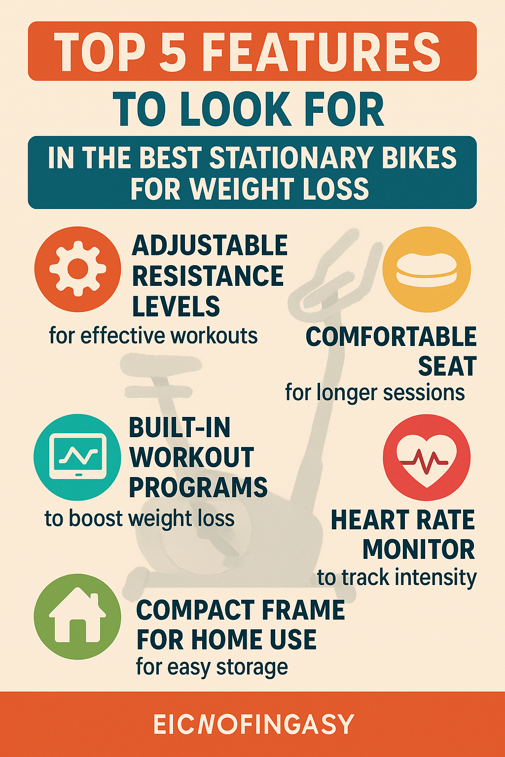 7 Best Stationary Bikes for Weight Loss to Boost Your Fitness 3 Infographic showing top features of the best stationary bikes for weight loss with clear icons and e