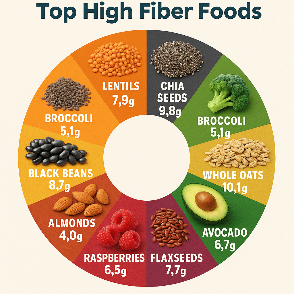 Infographic showing top high fiber healthy meals ingredients with fiber content for natural wellness
