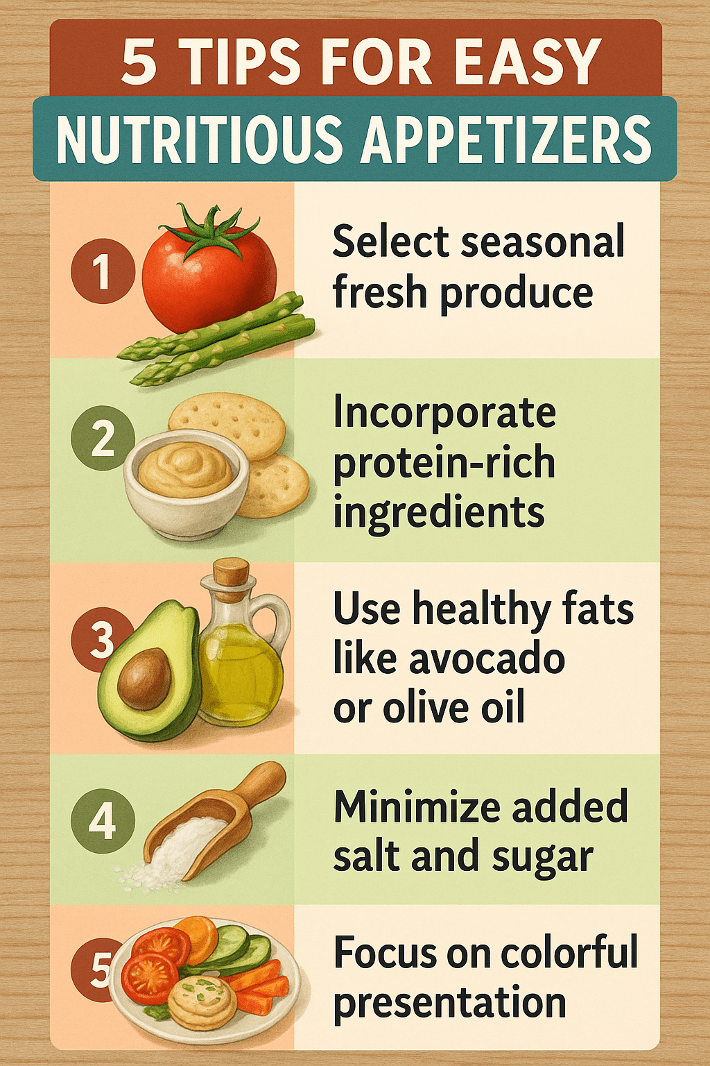 Infographic with five practical tips for preparing easy nutritious healthy appetizer recipes at home