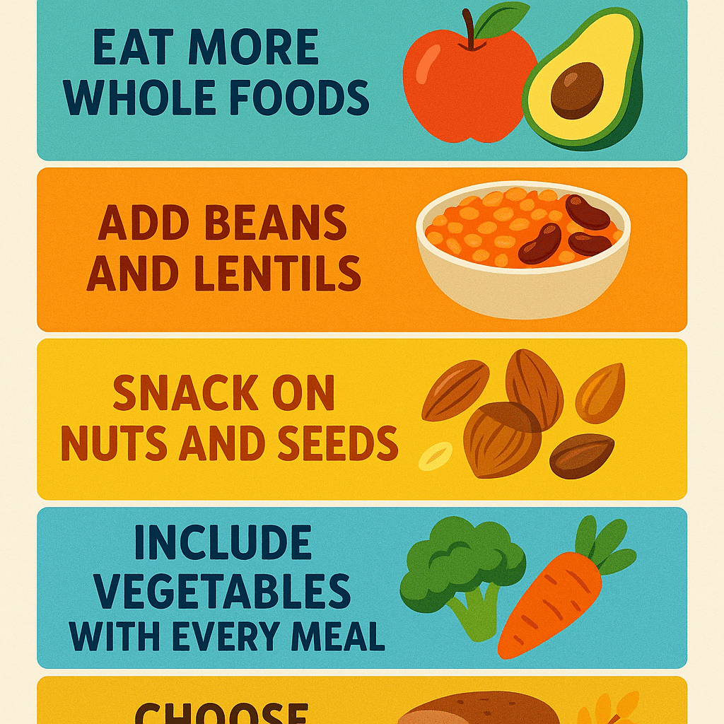 Infographic with tips to increase fiber intake through high fiber healthy meals