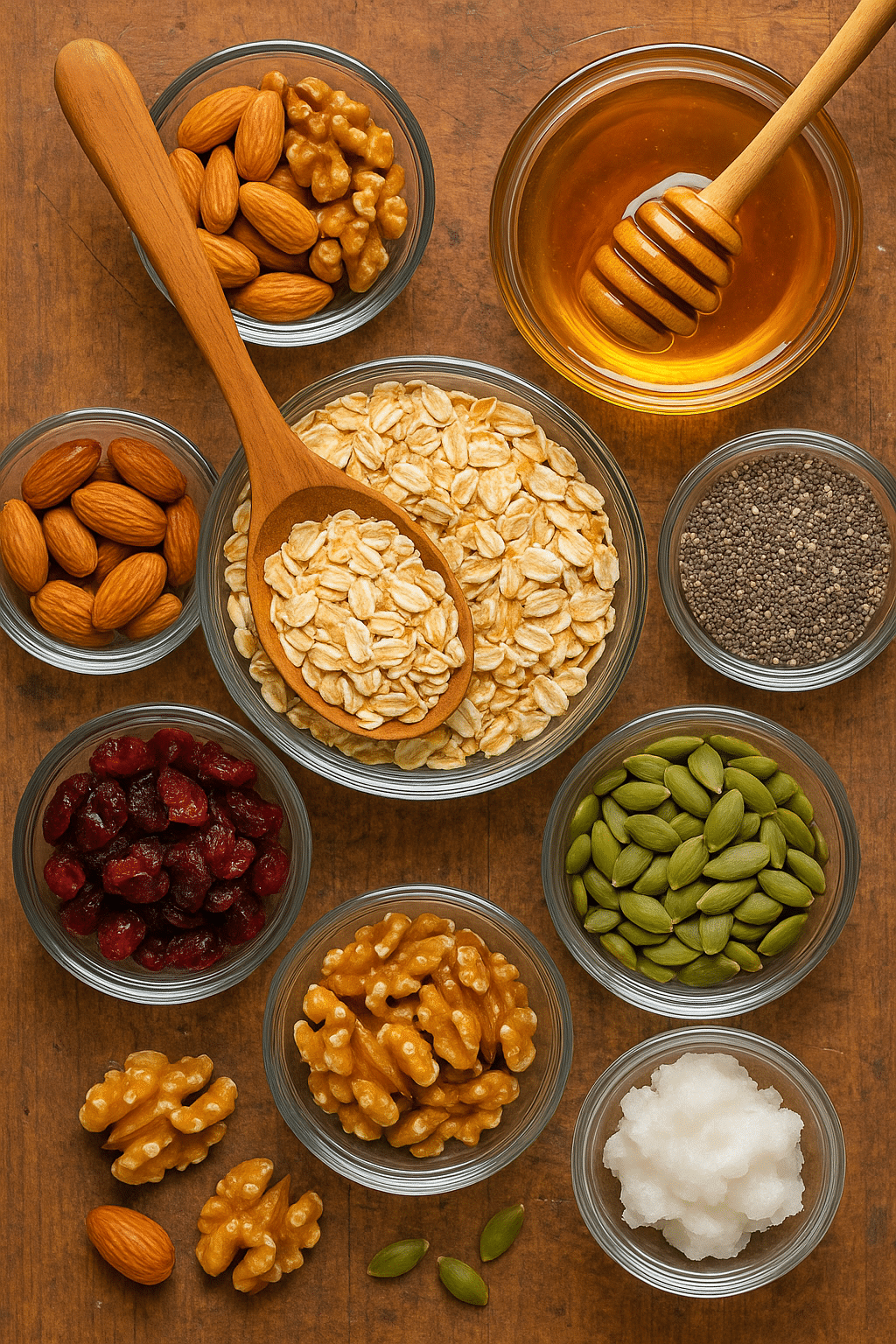 7 Easy Healthy Granola Recipes for Nutritious Homemade Snacks 3 Ingredients for a healthy granola recipe displayed in bowls on a wooden table