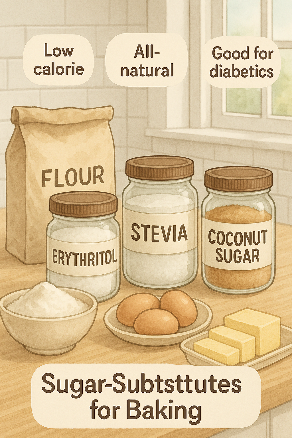 8 Best Sugar Substitutes for Baking: Healthy & Delicious Choices 6 Kitchen setup with jars of best sugar substitutes for baking and ingredient benefits highlighted