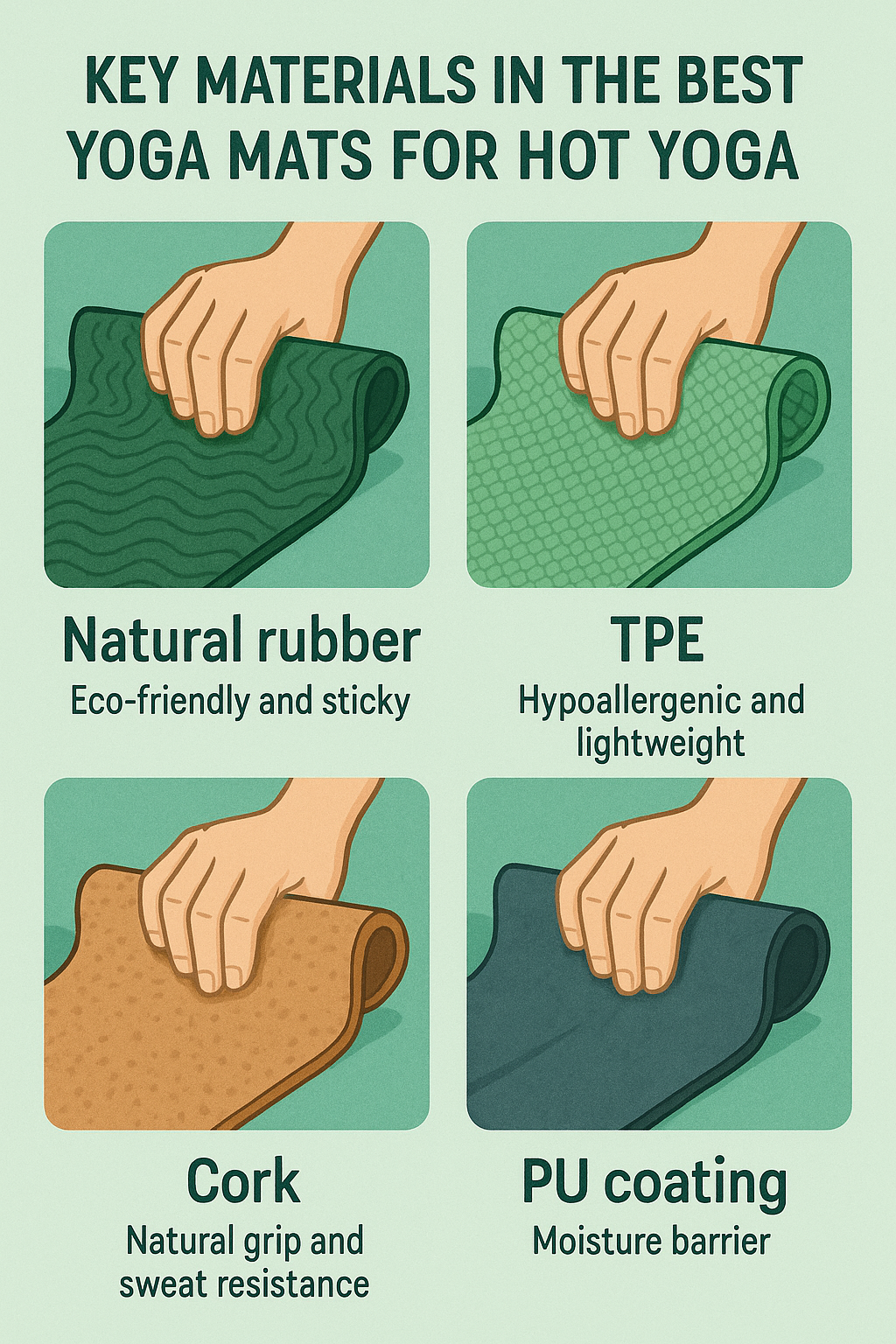 7 Best Yoga Mats for Hot Yoga with Superior Grip & Durability 7 Materials guide illustrating natural rubber TPE cork and PU for best yoga mats for hot yoga grip