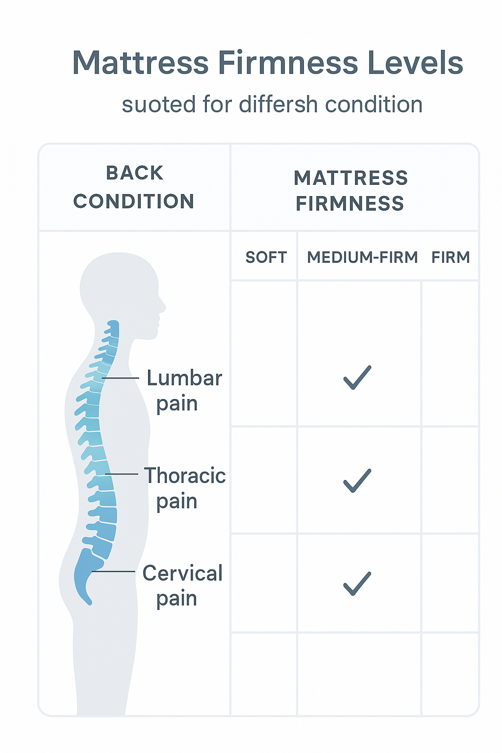 7 Best Mattresses for Back Support: Ultimate Comfort Guide 4 Mattress firmness chart showing best mattresses for back support by spine pain area