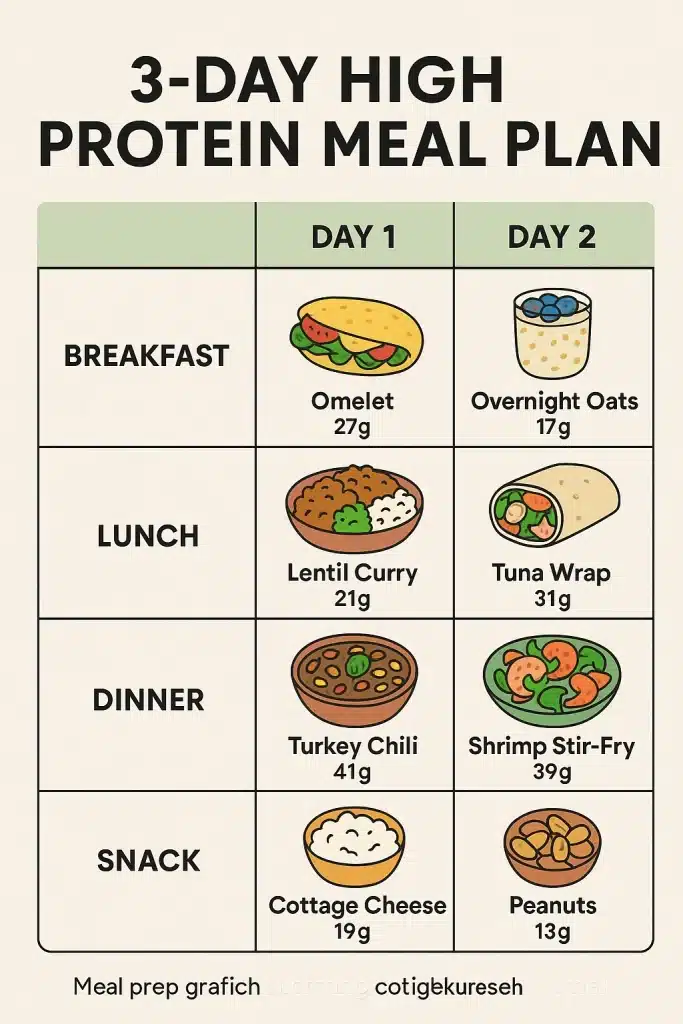 10 High Protein Healthy Meals Women Swear By 5 Meal prep graphic showing a 3 day high protein healthy meals plan for women with breakfast lunch dinner and snacks