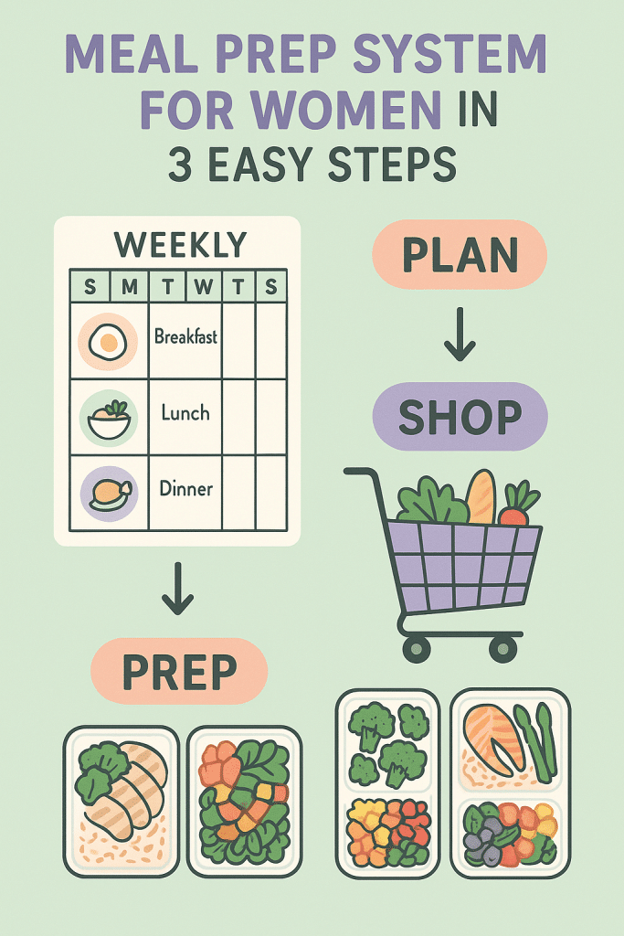 15 Healthy Meal Prep Ideas Women Swear By for Energy and Balance 3 Meal prep ideas infographic showing planning shopping and prepping process for women
