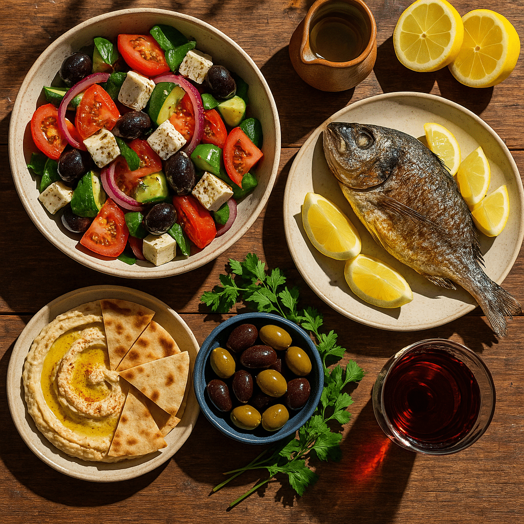 15 Irresistible Mediterranean Healthy Recipes for Natural Wellness 2 Mediterranean healthy recipes featuring fresh vegetables, grilled fish, olives, and olive oil for natural wellness.
