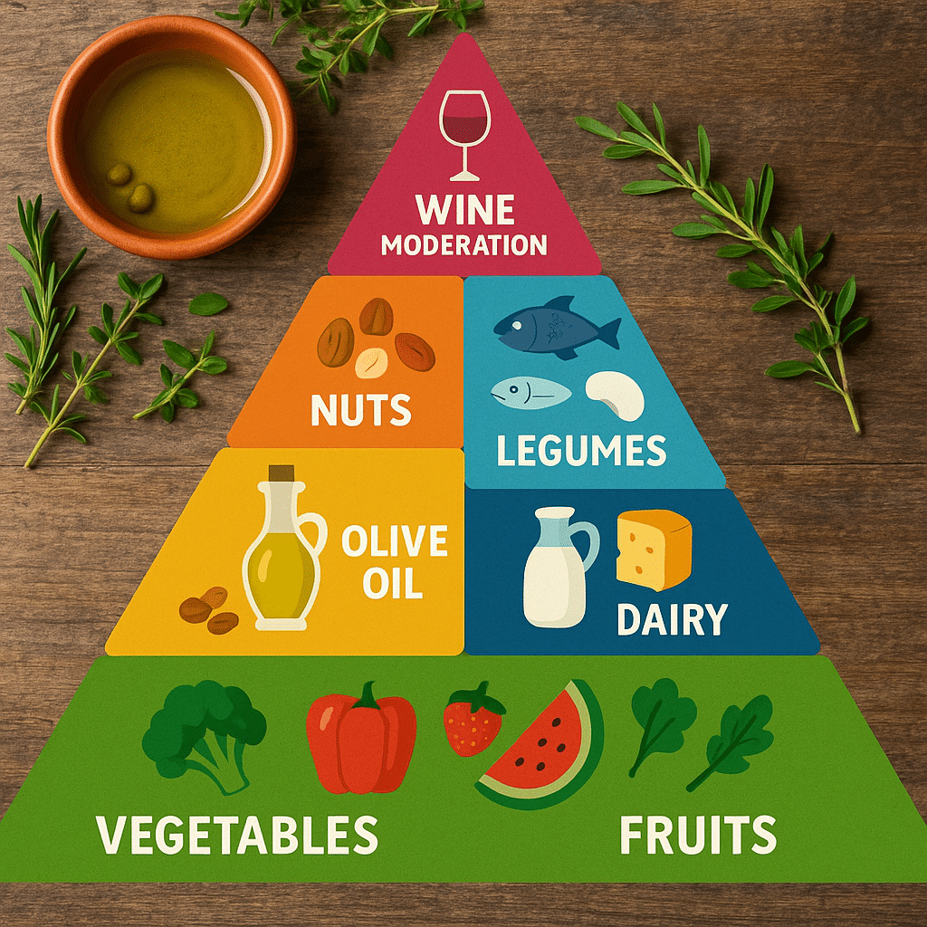 Mediterranean healthy recipes infographic showing Mediterranean diet food pyramid with fresh vegetab
