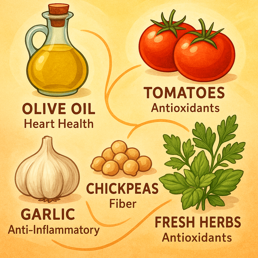 Mediterranean healthy recipes ingredient health benefits infographic featuring olive oil tomatoes
