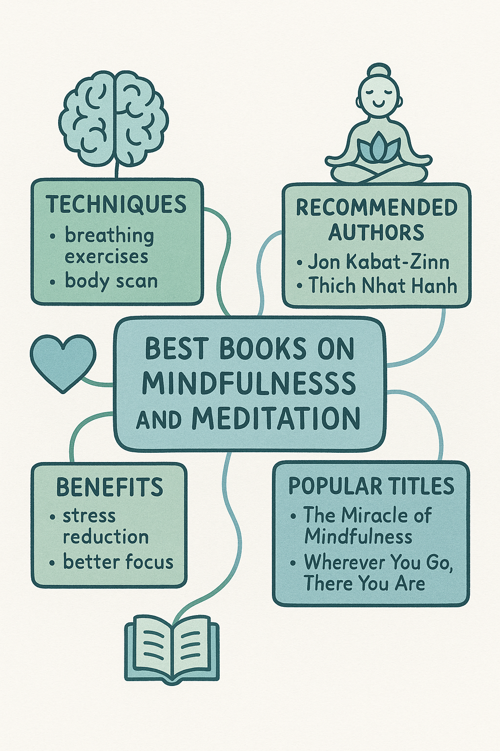 Top 10 Best Books on Mindfulness and Meditation for Wellness 7 Mind map visually breaking down best books on mindfulness and meditation by themes and authors