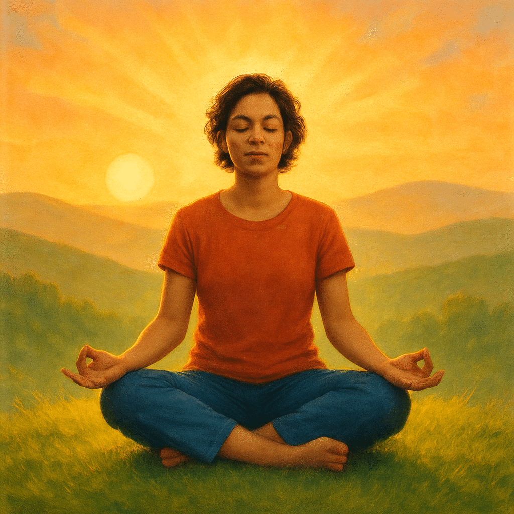 15 Proven Mindfulness Techniques for Anxiety Relief 2 Mindfulness for anxiety concept showing a calm person meditating outdoors at sunrise.