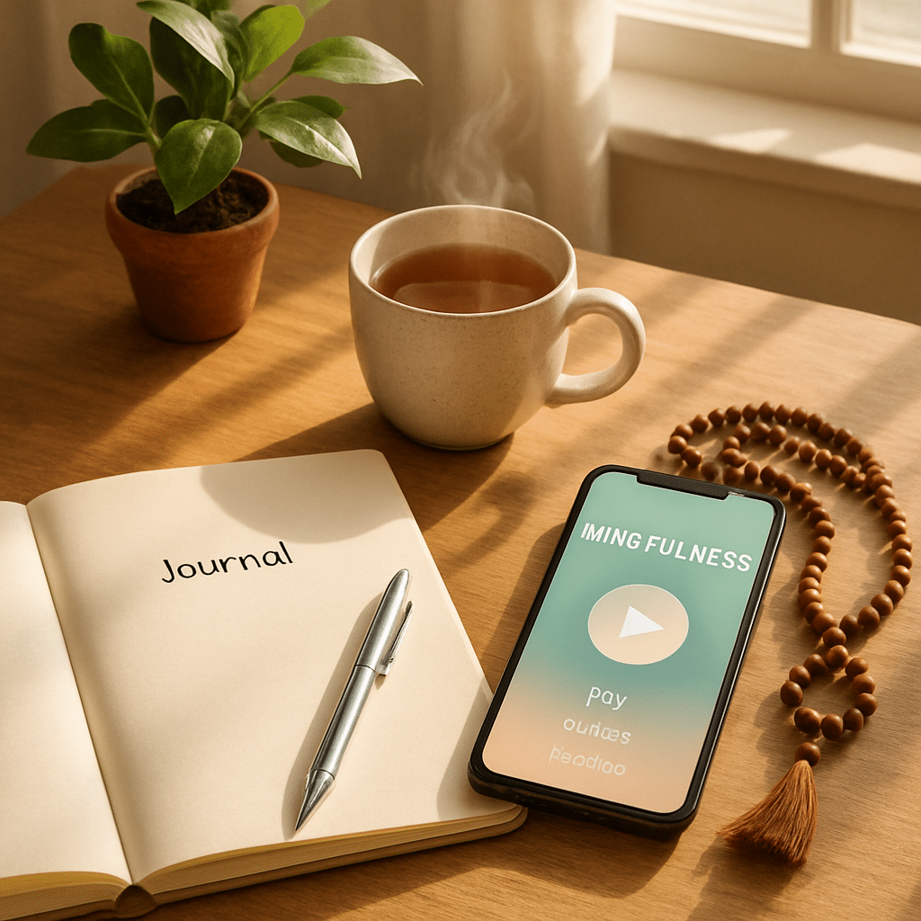 15 Proven Mindfulness Techniques for Anxiety Relief 7 Mindfulness for anxiety tools and natural wellness accessories arranged invitingly