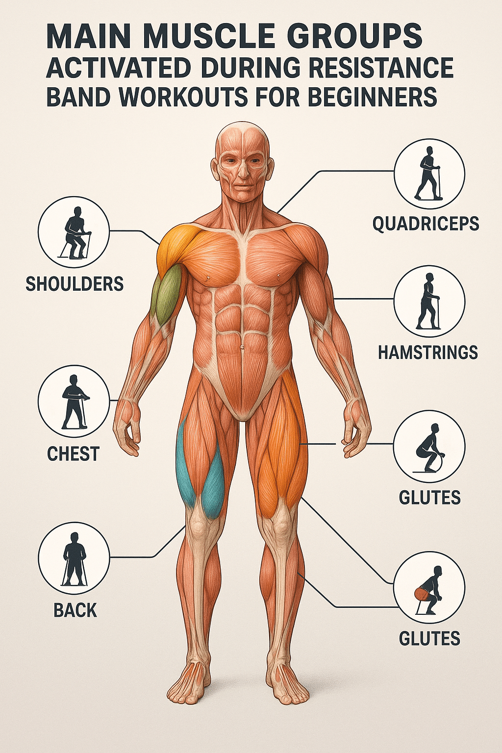 5 Essential Resistance Band Workouts for Beginners to Build Strength 7 Muscle anatomy infographic detailing muscles targeted in resistance band workouts for beginners
