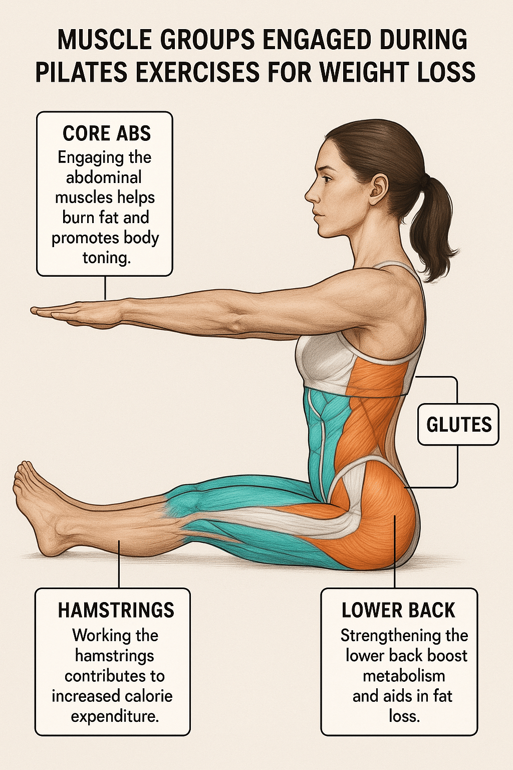 Muscle groups targeted by pilates exercises for weight loss illustrated in color