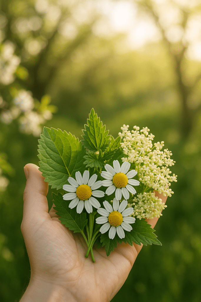 Live Better, Feel Stronger, Stay Healthy 6 Natural herbal remedies for seasonal allergies held in hand with fresh green plants and flowers in background