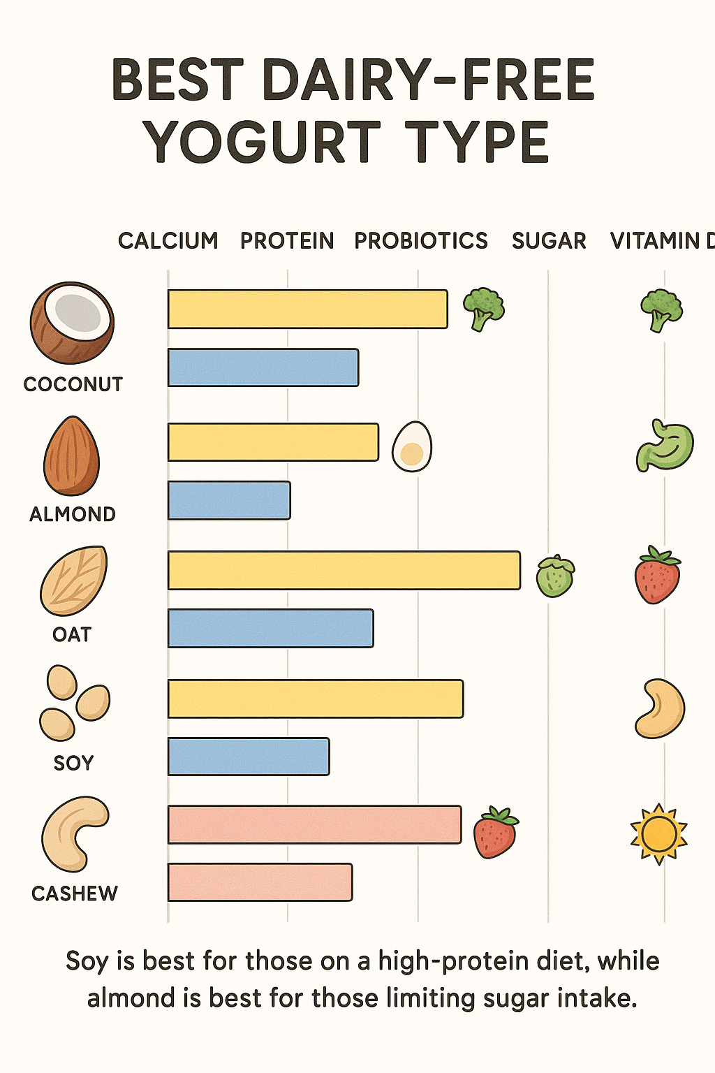 7 Best Dairy Free Yogurts for Healthy, Balanced Nutrition 4 Nutritional comparison chart of best dairy free yogurts showing protein probiotics and vitamins