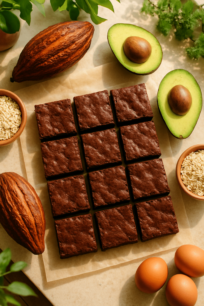 Overhead shot of freshly baked healthy brownie recipes with natural wholesome ingredients on kitchen counter