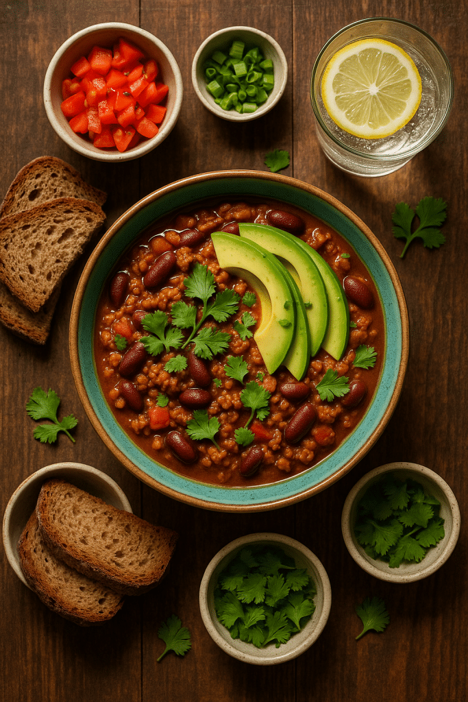 7 Healthy Ground Beef Recipes for Easy Nutritious Meals 2 Overhead view of healthy ground beef chili with fresh vegetables and wholesome sides for nutritious meals.