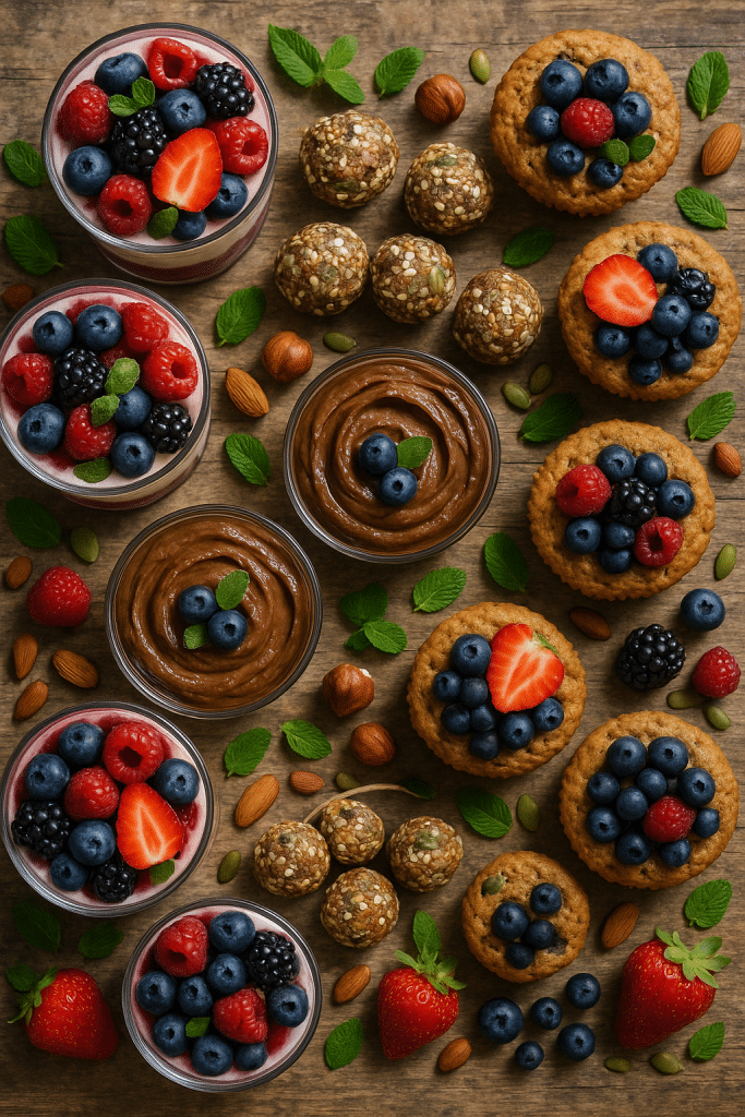 7 Delicious Healthy Desserts Recipes for Nutritious Treats 2 Overhead view of vibrant healthy desserts recipes with fresh ingredients on rustic table