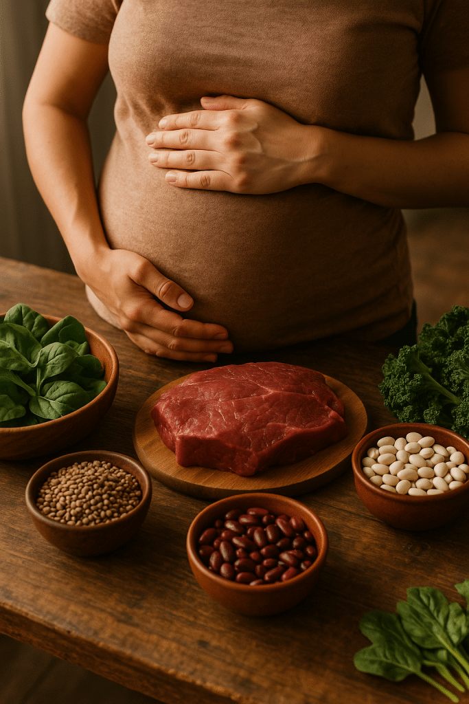 6 Essential Iron Rich Foods for Pregnancy to Boost Health 3 Pregnant woman holding belly surrounded by fresh iron rich foods for pregnancy on wooden table