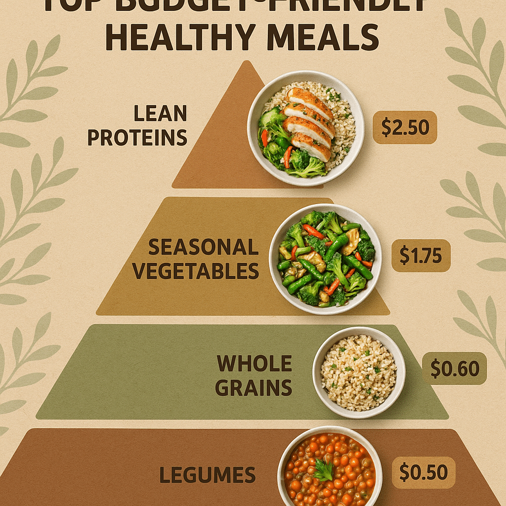 Pyramid infographic highlighting budget friendly healthy meals by ingredient categories for natural