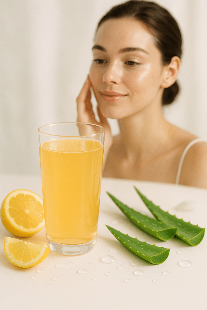 8 Best Collagen Drinks for Skin to Boost Your Radiance 5 Radiant woman with glowing skin beside a glass of best collagen drinks for skin surrounded by natural ingredients.