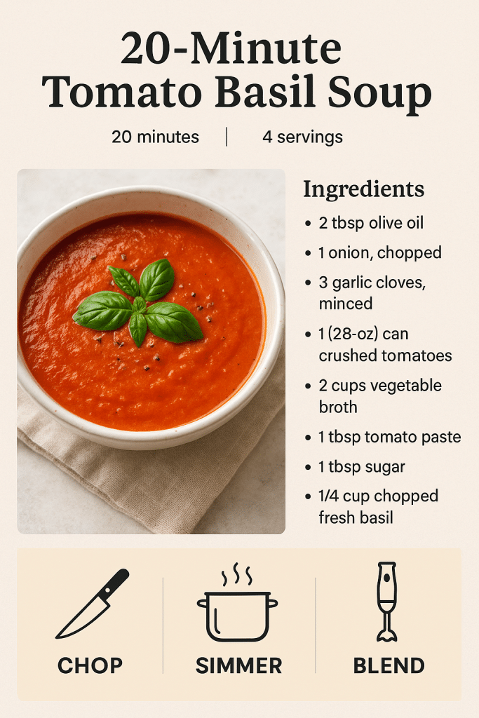 15 Best Healthy Soup Recipes Every Woman Should Try 5 Recipe card for 20 minute tomato basil soup with ingredients and cooking steps