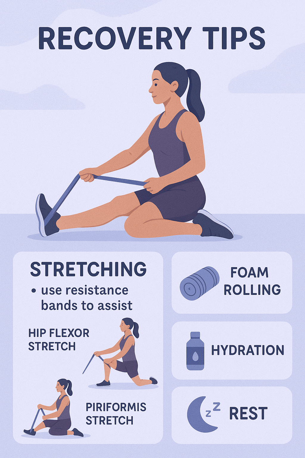 5 Powerful Resistance Band Workouts for Glutes 6 Recovery tips infographic featuring resistance band stretches for glutes and overall post workout ca