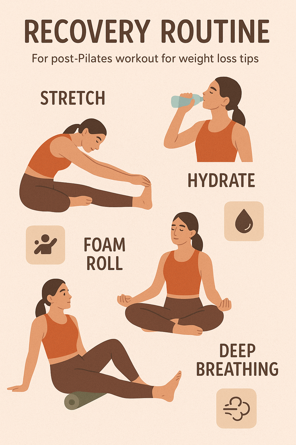 Recovery tips infographic for pilates exercises for weight loss including stretching and hydration