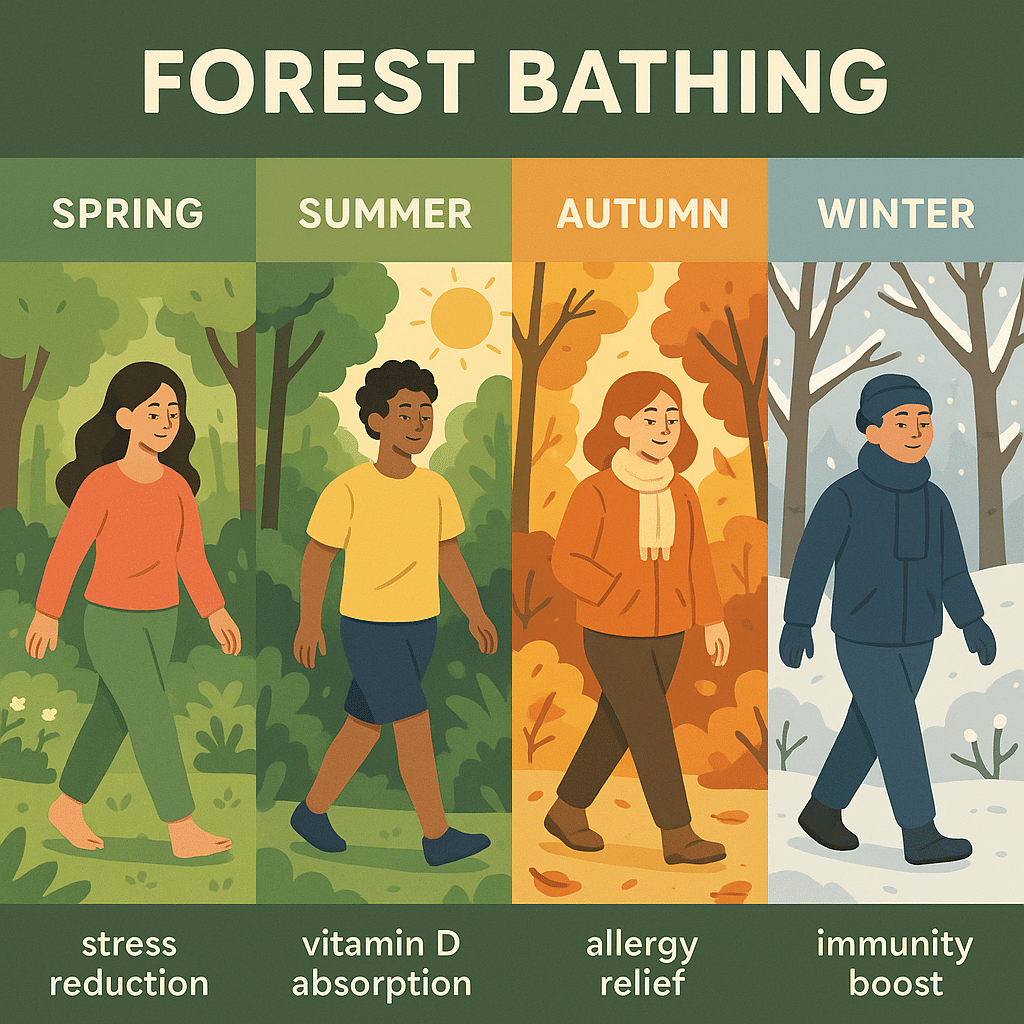 Seasonal benefits of forest bathing illustrated across spring summer autumn and winter panels
