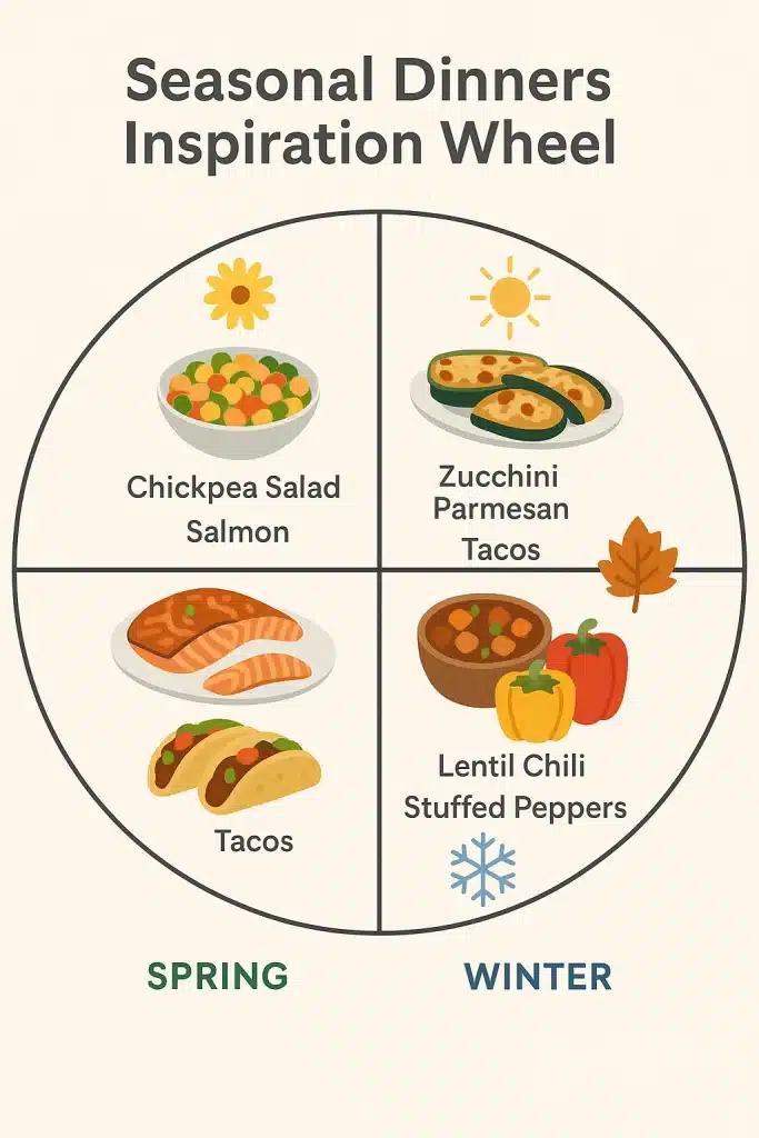 Seasonal dinner inspiration wheel with 10 healthy family dinner recipes grouped by spring summer fall and winter