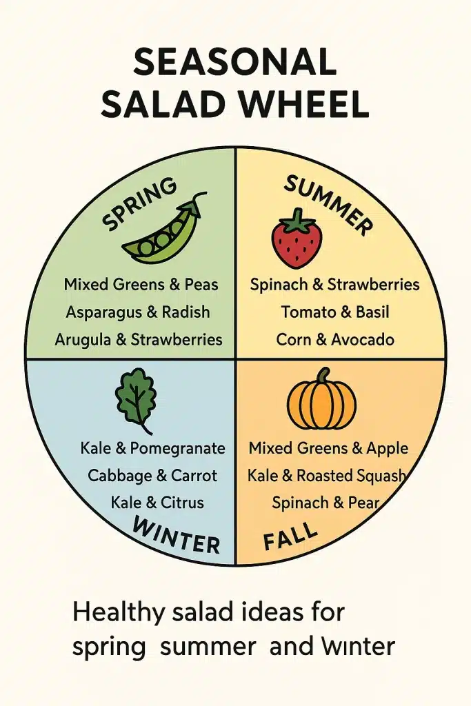 10 Healthy Salad Ideas Women Love: Fresh, Easy & Delicious 5 Seasonal salad wheel showing healthy salad ideas for spring summer fall and winter
