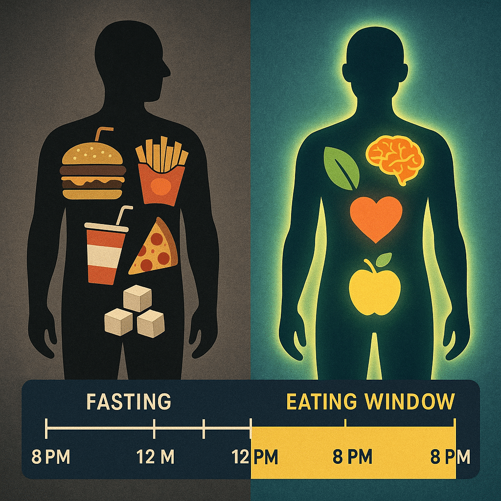 Side by side human silhouette comparison illustrating the health benefits of intermittent fasting