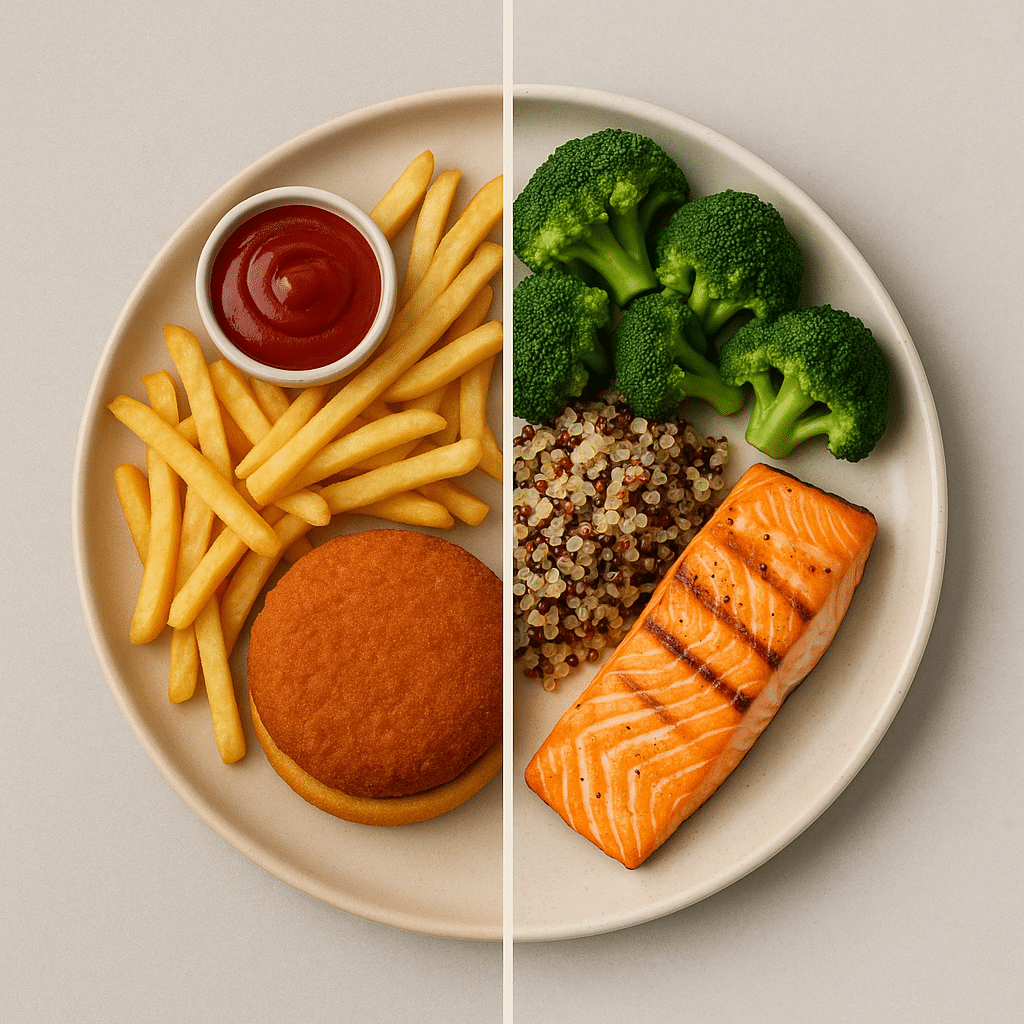 Split plate image comparing unhealthy and quick healthy dinner recipes for health conscious adults