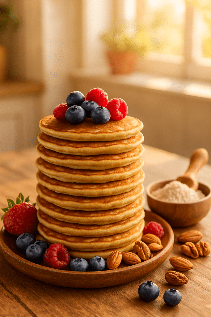 7 Best Protein Pancake Mixes for Balanced Nutrition 8 Stack of golden protein pancakes made from the best protein pancakes mix, garnished with fresh berries and nuts