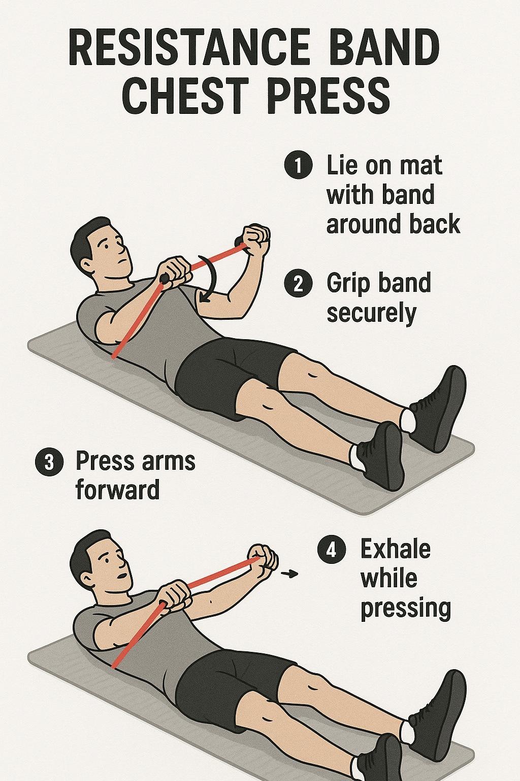 5 Essential Resistance Band Workouts for Beginners to Build Strength 4 Step by step diagram demonstrating proper form of resistance band chest press for beginners