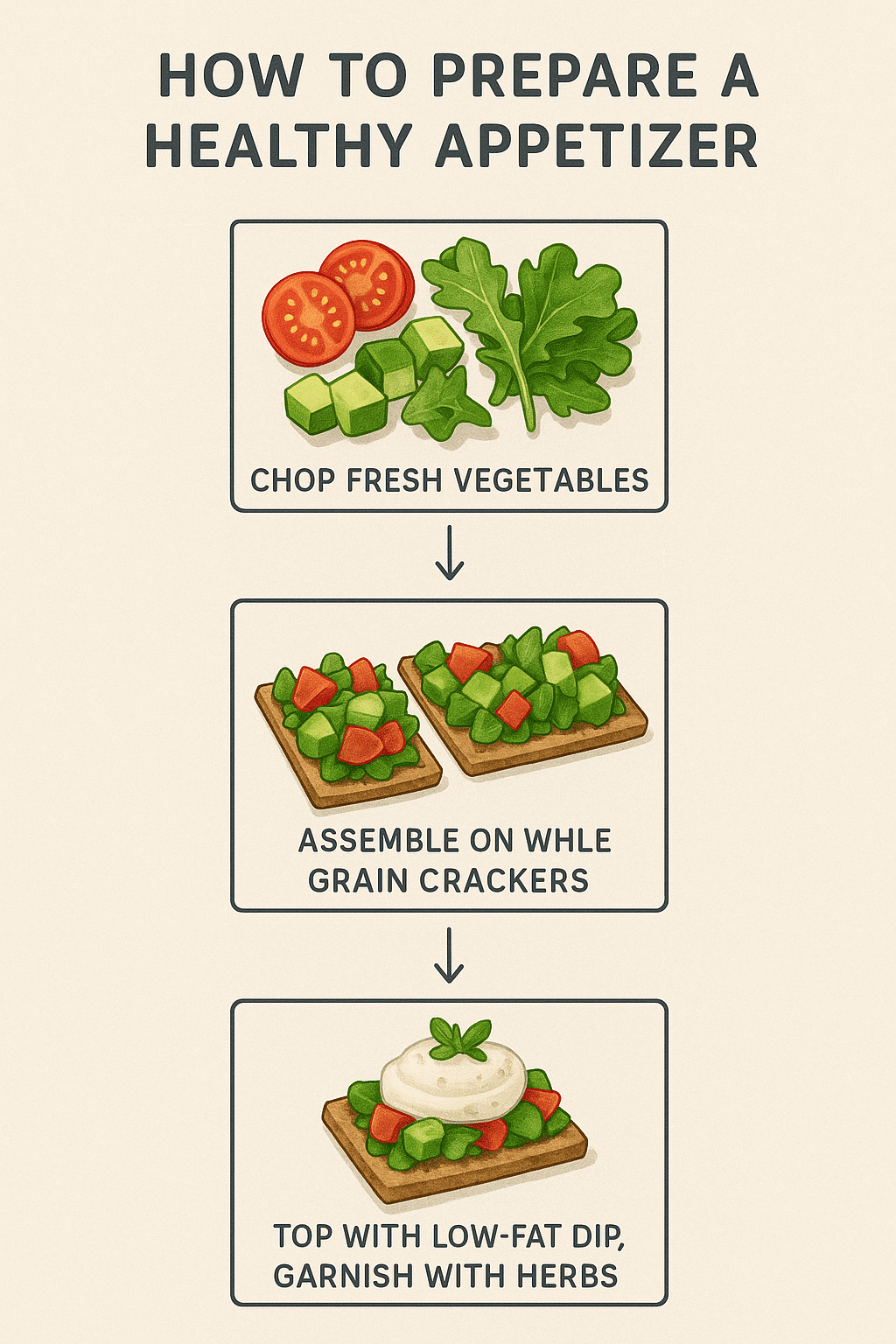 Step by step diagram for making a healthy appetizer with fresh vegetables and whole grain crackers