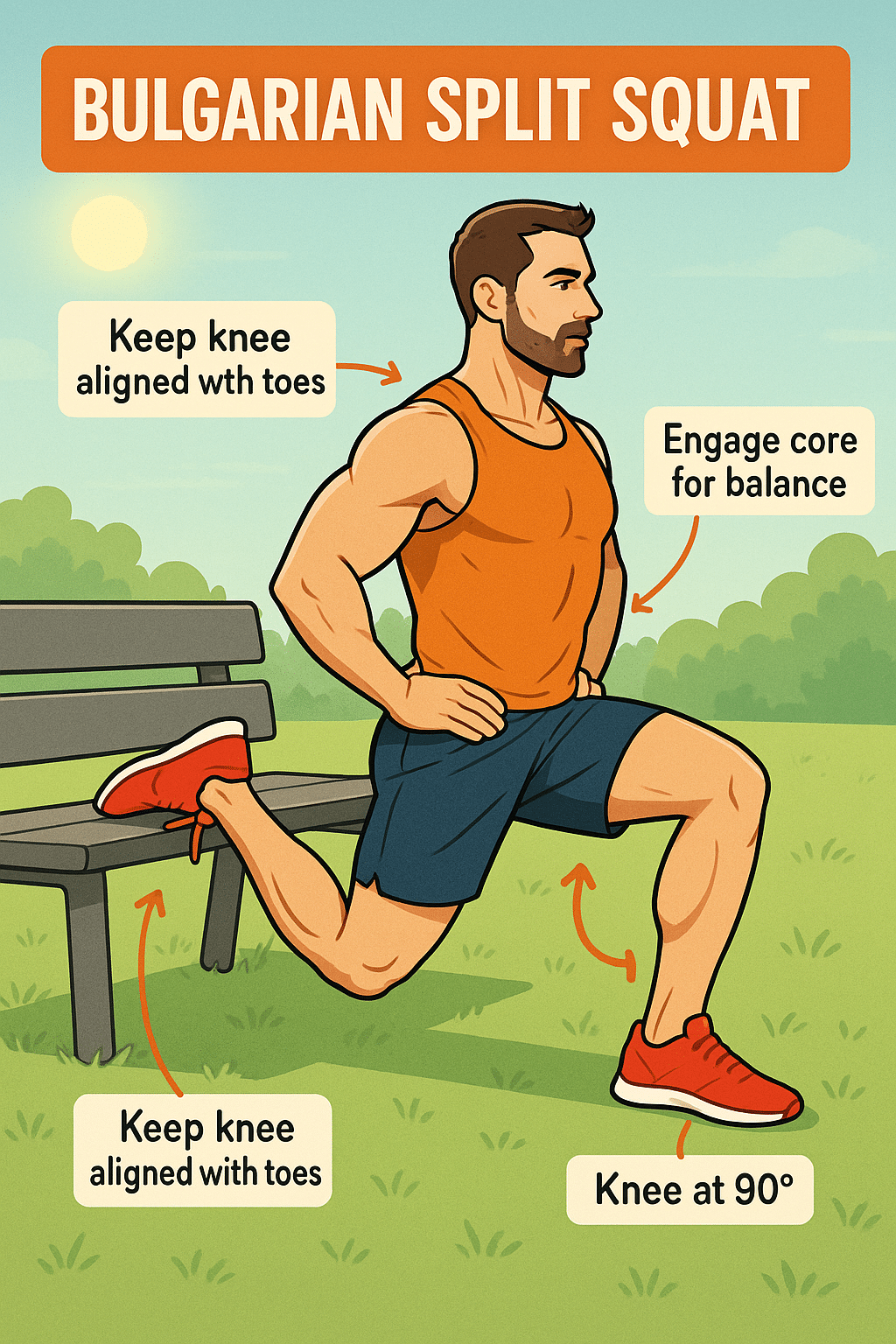 6 Powerful Calisthenics Exercises for Stronger Legs 3 Step by step diagram of Bulgarian split squat for calisthenics exercises for legs