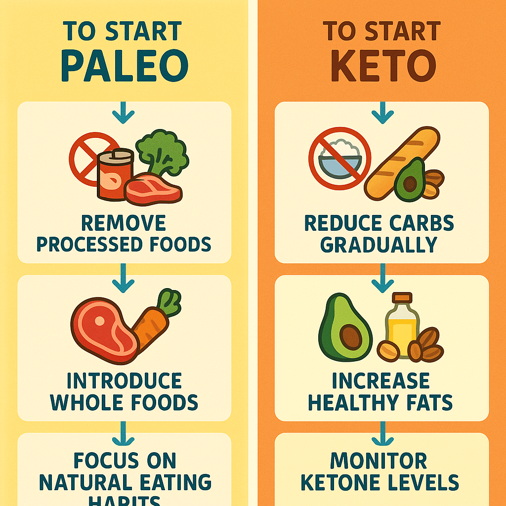13 Key Differences of Paleo Diet vs Keto Diet for Natural Wellness 6 Step by step flowchart showing how to start paleo diet vs keto diet for health conscious adults