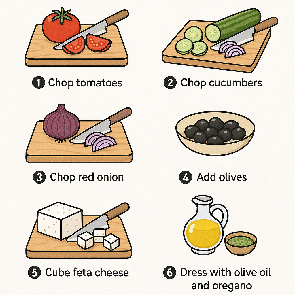 Step by step guide for preparing a Mediterranean healthy recipe classic Greek salad with fresh vege